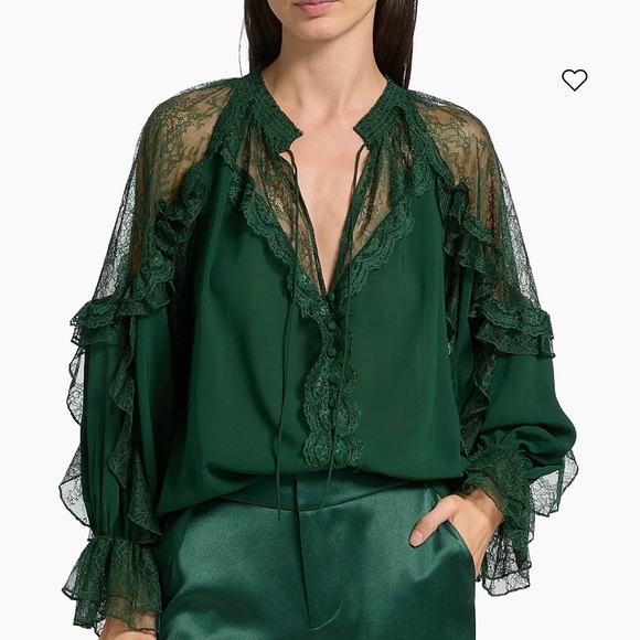 NWT $495 Alice + Olivia Dark Green Mystique cold shoulder  Blouse - Picture 2 of 6